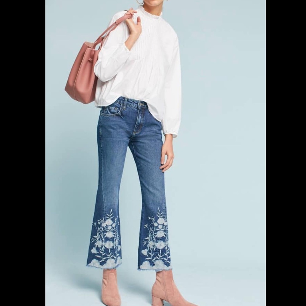 pilcro high rise cropped embroidered flare jeans